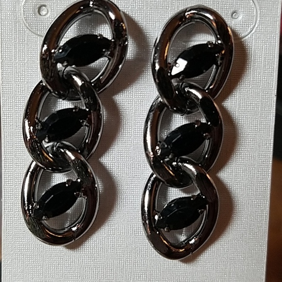 Dark Silver Tone Link Chain & Onyx Black Faux Stone Link Earrings. - Picture 1 of 2